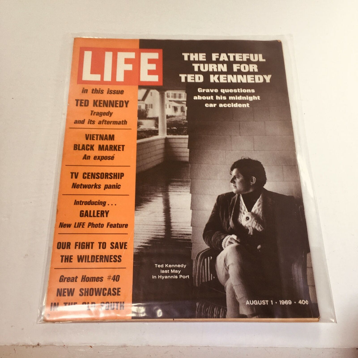 VTG Life Magazine Cover from August 1, 1969, featuring a striking black and white image related to 'The Fateful Turn for Ted Kennedy.' The cover highlights significant topics including Ted Kennedy, Vietnam, and TV Censorship.