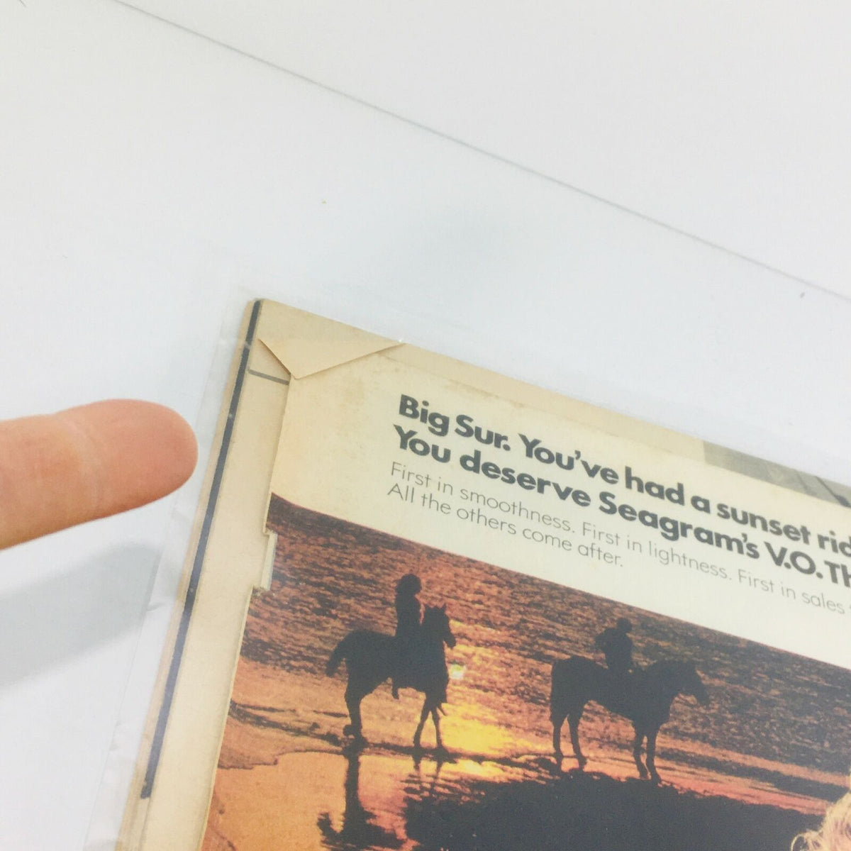 Back cover of VTG Life Magazine: October 13 1972 featuring an advertisement for Seagram's V.O. whiskey with a sunset scene and horseback riders.