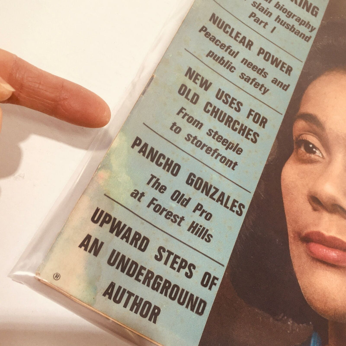 Detail of the VTG Life Magazine: September 12, 1969 cover featuring sections on Coretta King and other articles related to societal issues of the time.