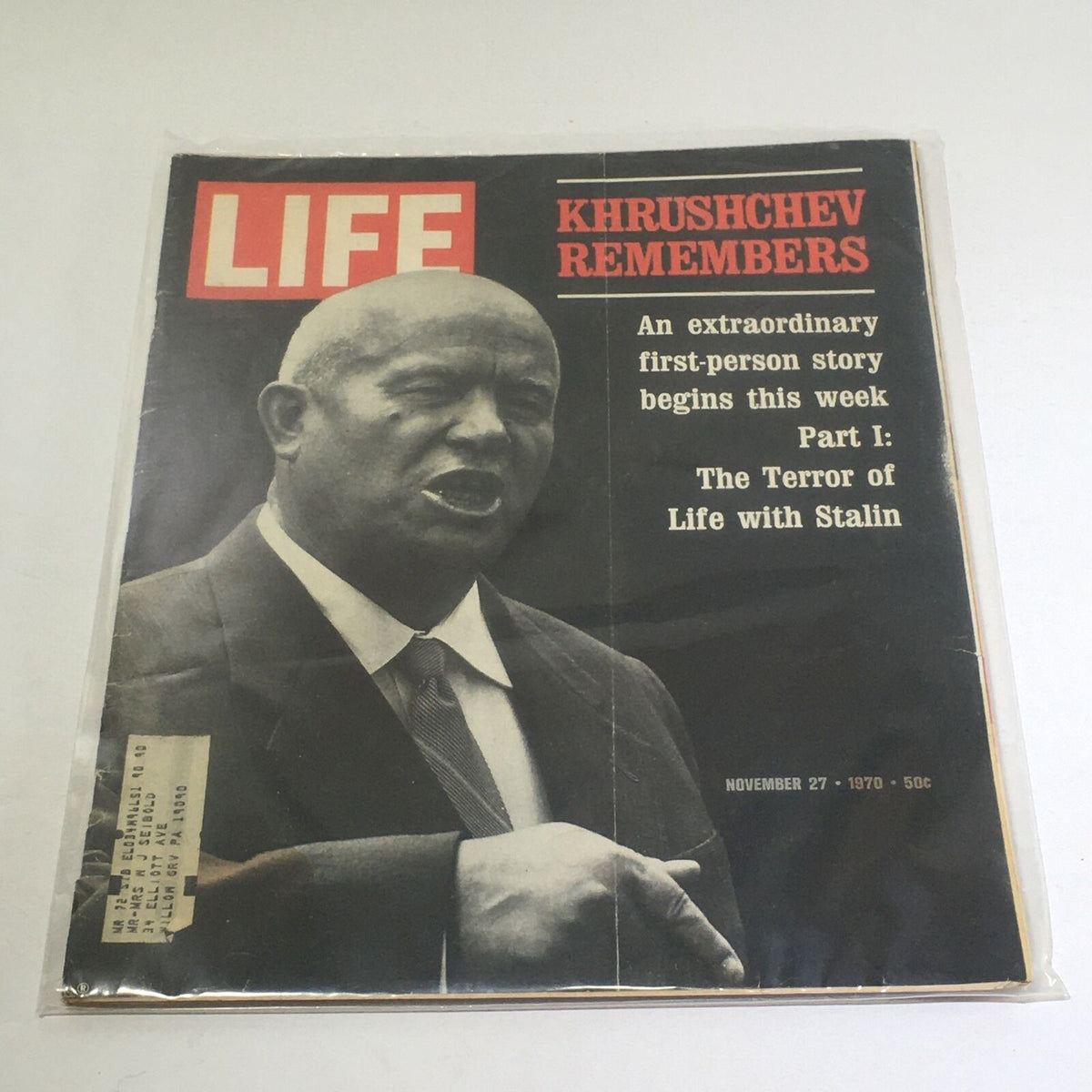 Cover of VTG Life Magazine dated November 27, 1970, featuring the title 'Khrushchev Remembers: Part I - The Terror of Life with Stalin'. The magazine showcases a black-and-white image of Nikita Khrushchev with text highlights about the extraordinary first-person story.