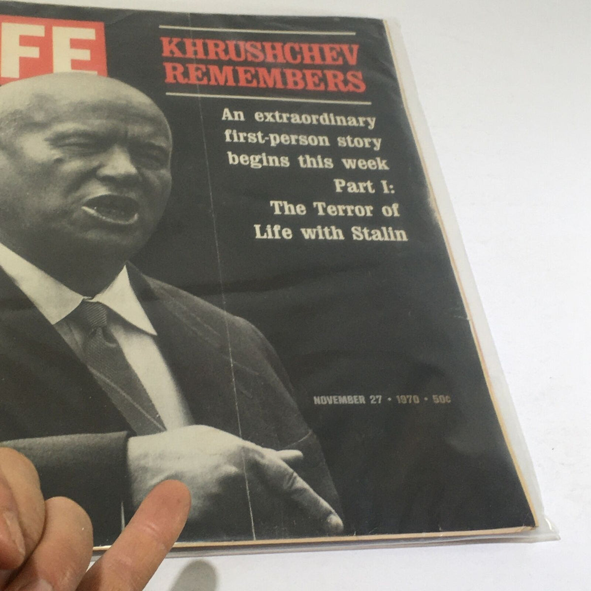 Cover of VTG Life Magazine from November 27, 1970, featuring the article 'Khrushchev Remembers/Part I: Life w/Stalin,' showcasing a historical photograph of Nikita Khrushchev.