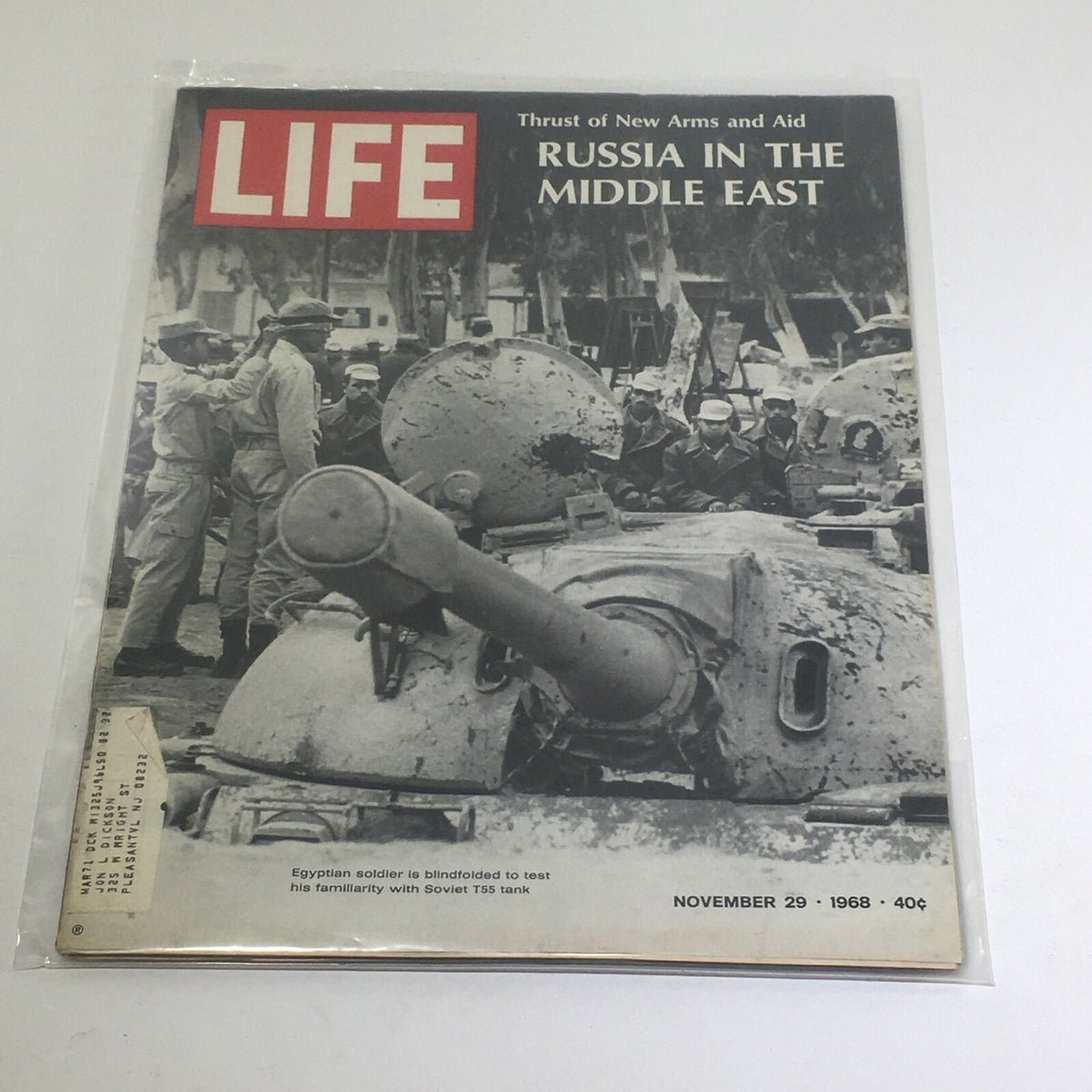 VTG Life Magazine Cover from November 29, 1968 featuring a photo of an Egyptian soldier blindfolded to test familiarity with a Soviet T55 tank, highlighting the theme of 'New Arms & Aid Russia in the Middle East'.