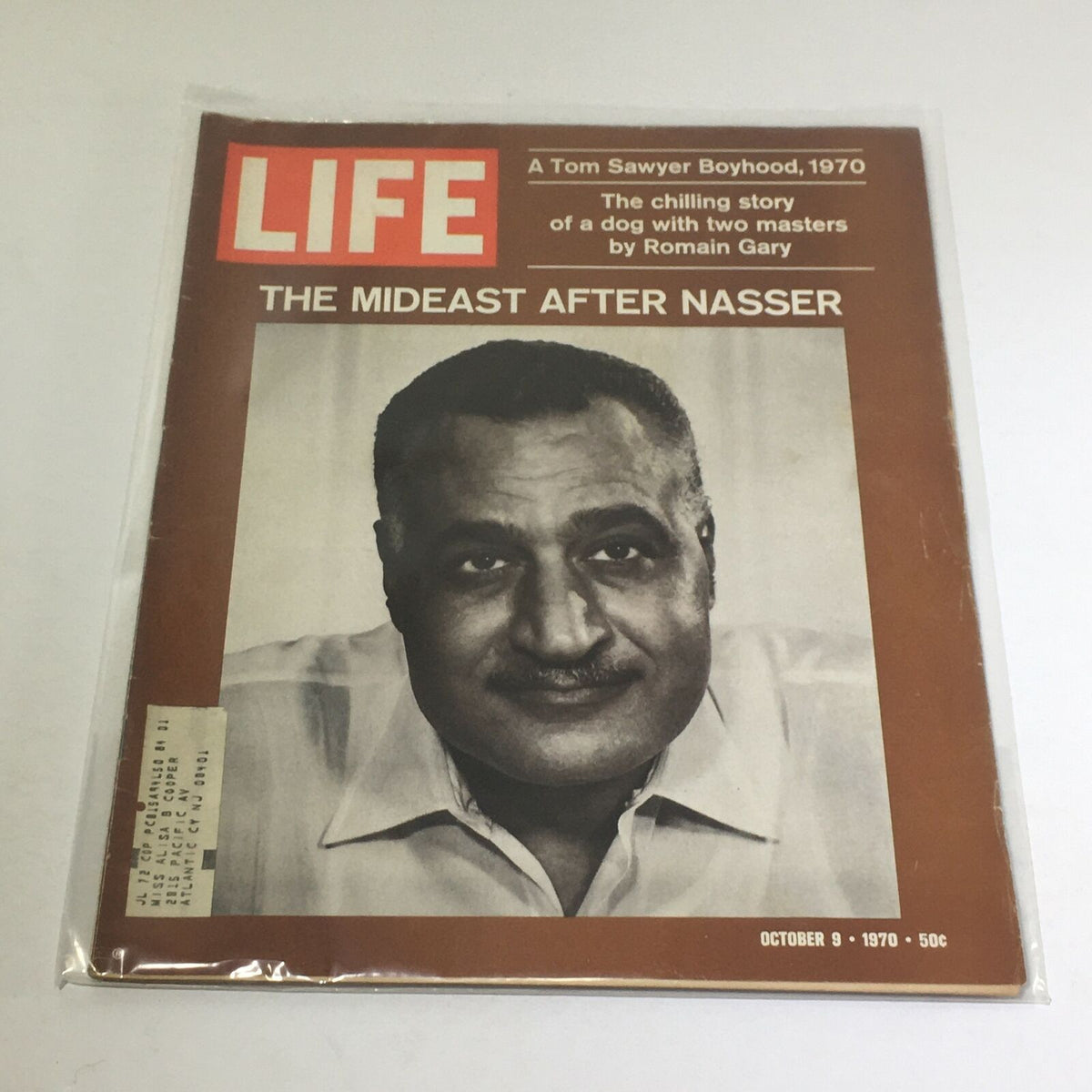 Cover of VTG Life Magazine, October 9, 1970, featuring the headline 'The Mideast After Nasser' and a photograph of a prominent figure, reflecting historical insights and literary themes including 'A Tom Sawyer Boyhood'.