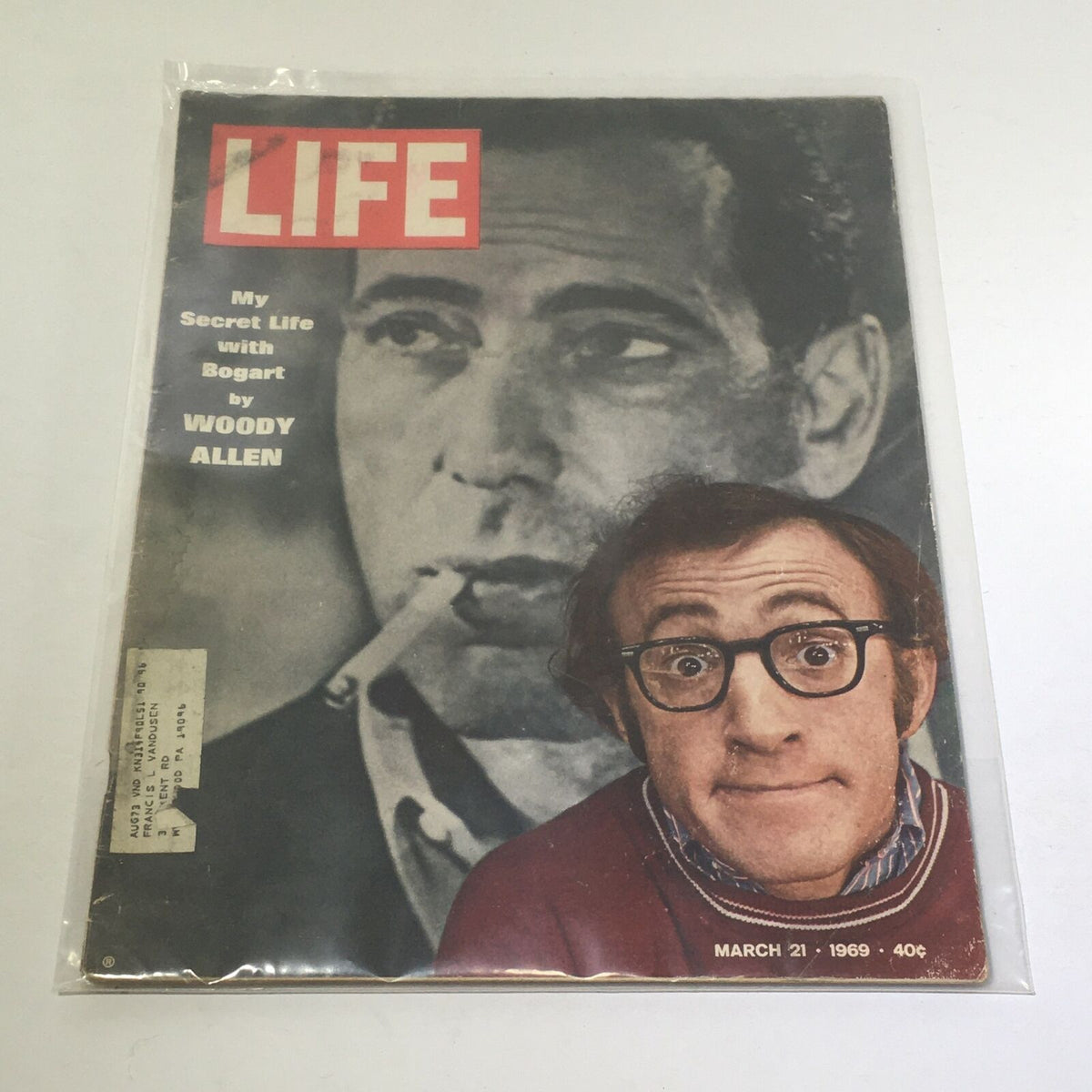 VTG Life Magazine from March 21, 1969, featuring an article by Woody Allen titled 'My Secret Life with Bogart.' The cover displays a montage of Woody Allen and Humphrey Bogart, highlighting the vintage appeal of this collectible magazine.