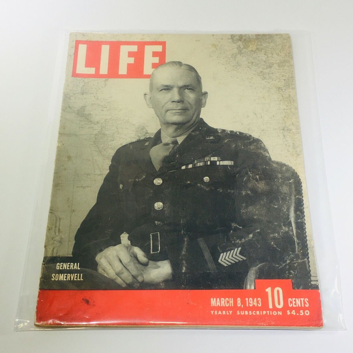 Vintage Life Magazine cover dated March 8, 1943, featuring General Somervell, with historical context about World War II, Puerto Rico, and Tunisia.
