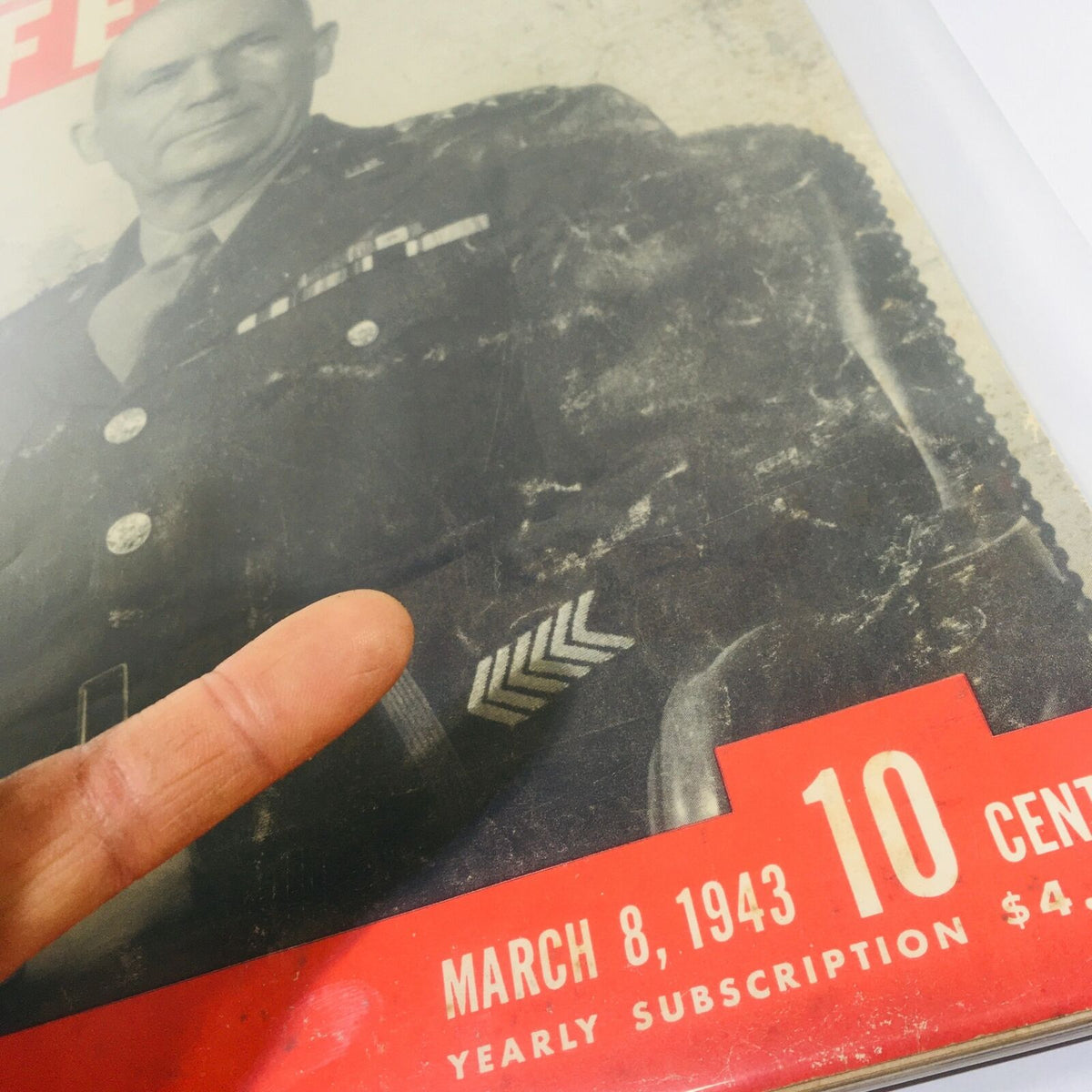 Close-up of the Vintage Life Magazine cover from March 8, 1943, highlighting General Somervell, including price and subscription details.