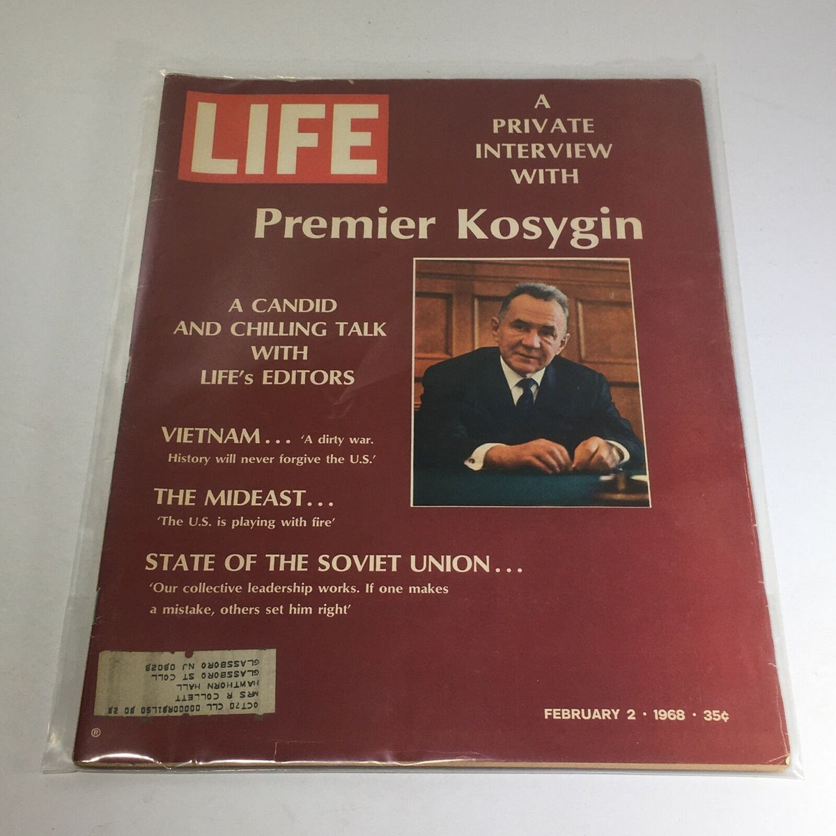 Cover of VTG Life Magazine from February 2, 1968, featuring a private interview with Premier Kosygin and headlines about the Vietnam War and the Soviet Union.