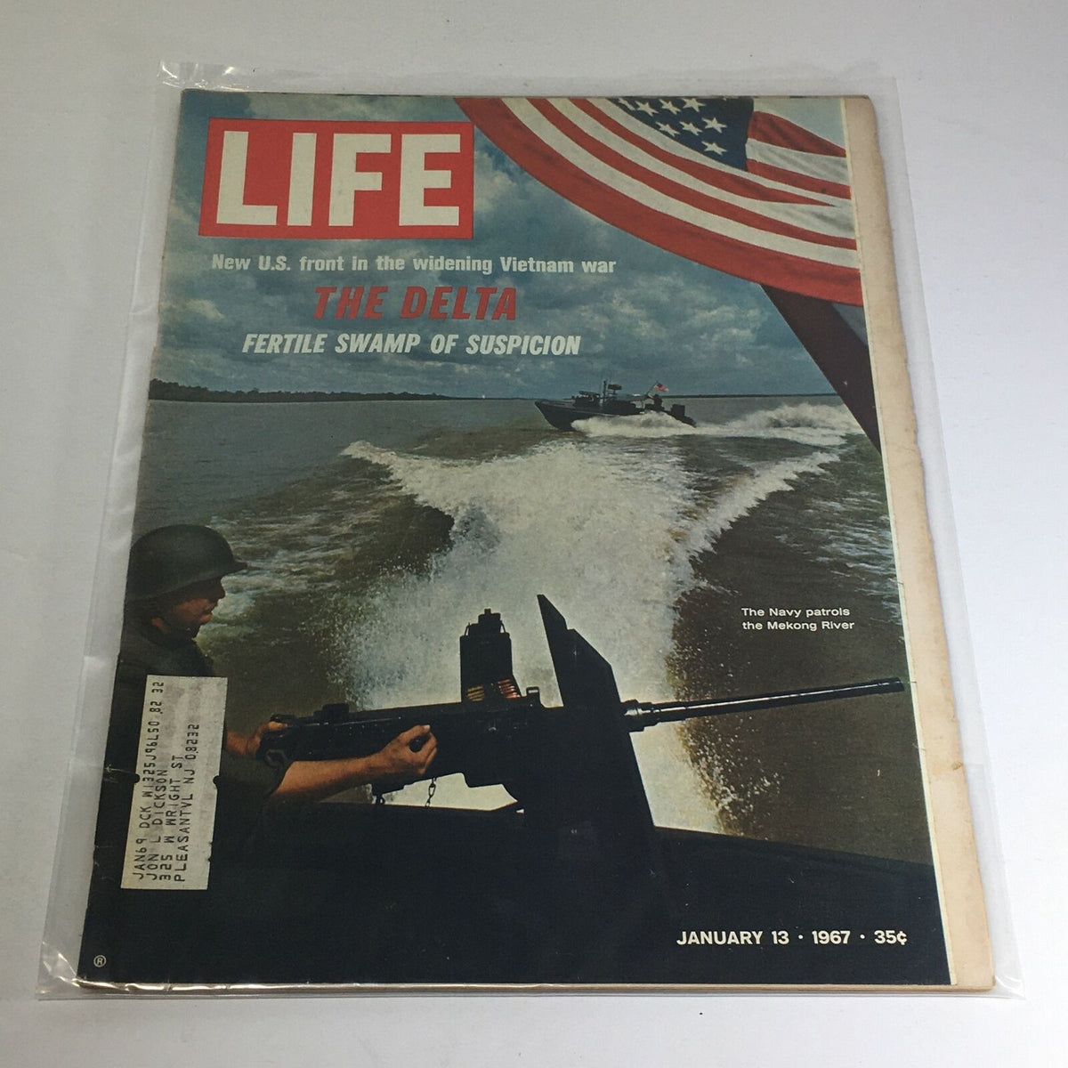 VTG Life Magazine Cover from January 13, 1967 featuring the title 'The Delta: Fertile Swamp of Suspicion' with an image of Navy patrols on the Mekong River.