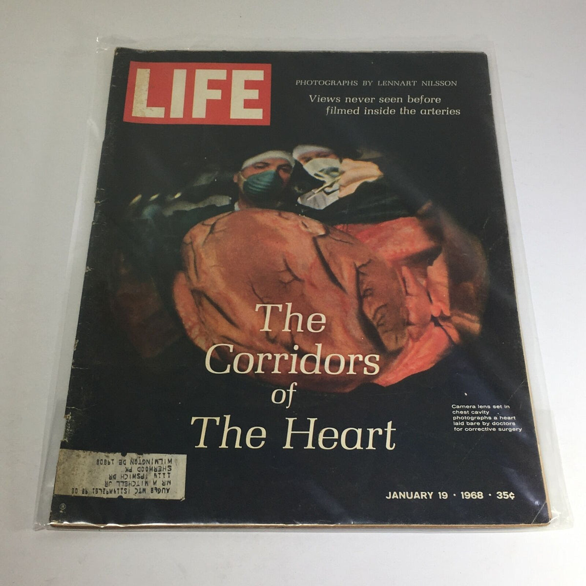 Vintage Life Magazine cover from January 19, 1968, featuring 'The Corridors of The Heart' article with striking images related to heart surgery, showing doctors and heart illustrations.