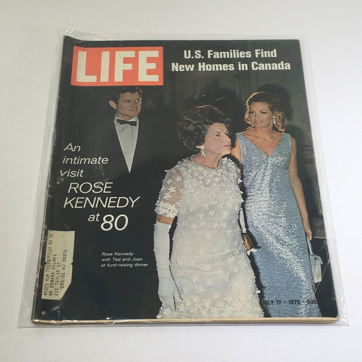 Vintage Life Magazine cover from July 17, 1970, featuring Rose Kennedy at 80 with Ted and Joan Kennedy at a fundraising dinner. The magazine highlights an intimate visit with the famous matriarch of the Kennedy family.