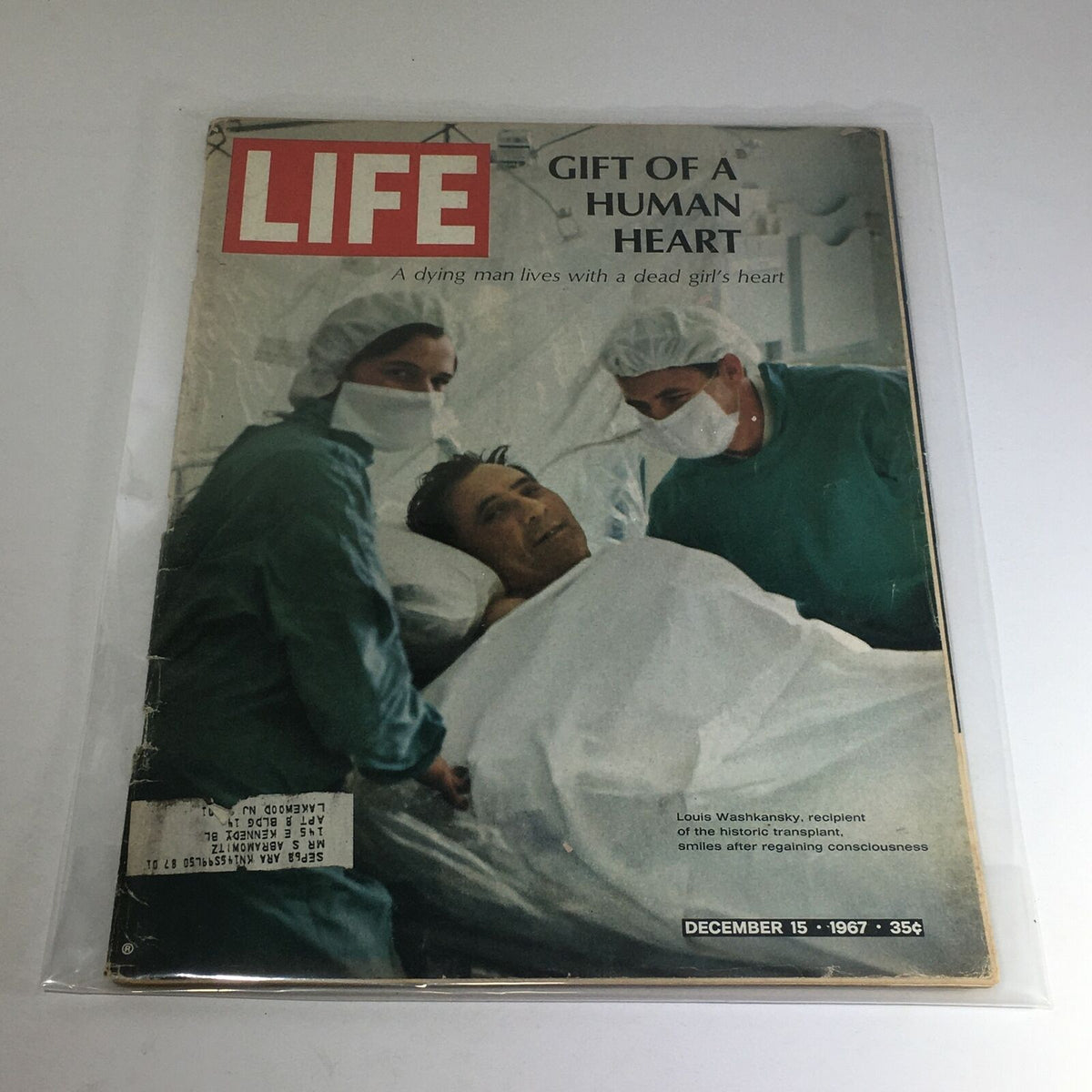 Cover of VTG Life Magazine dated December 15, 1967, featuring the historic heart transplant story of Louis Washkansky, with medical staff surrounding him in a hospital setting.