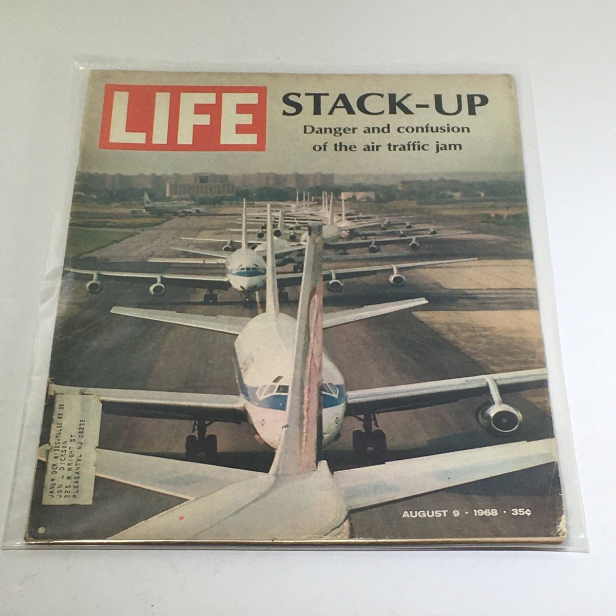 Cover of VTG Life Magazine: August 9 1968 featuring an article on air traffic jams, showcasing a busy runway with multiple airplanes lined up in a stack-up, highlighting dangers and confusion in air travel.