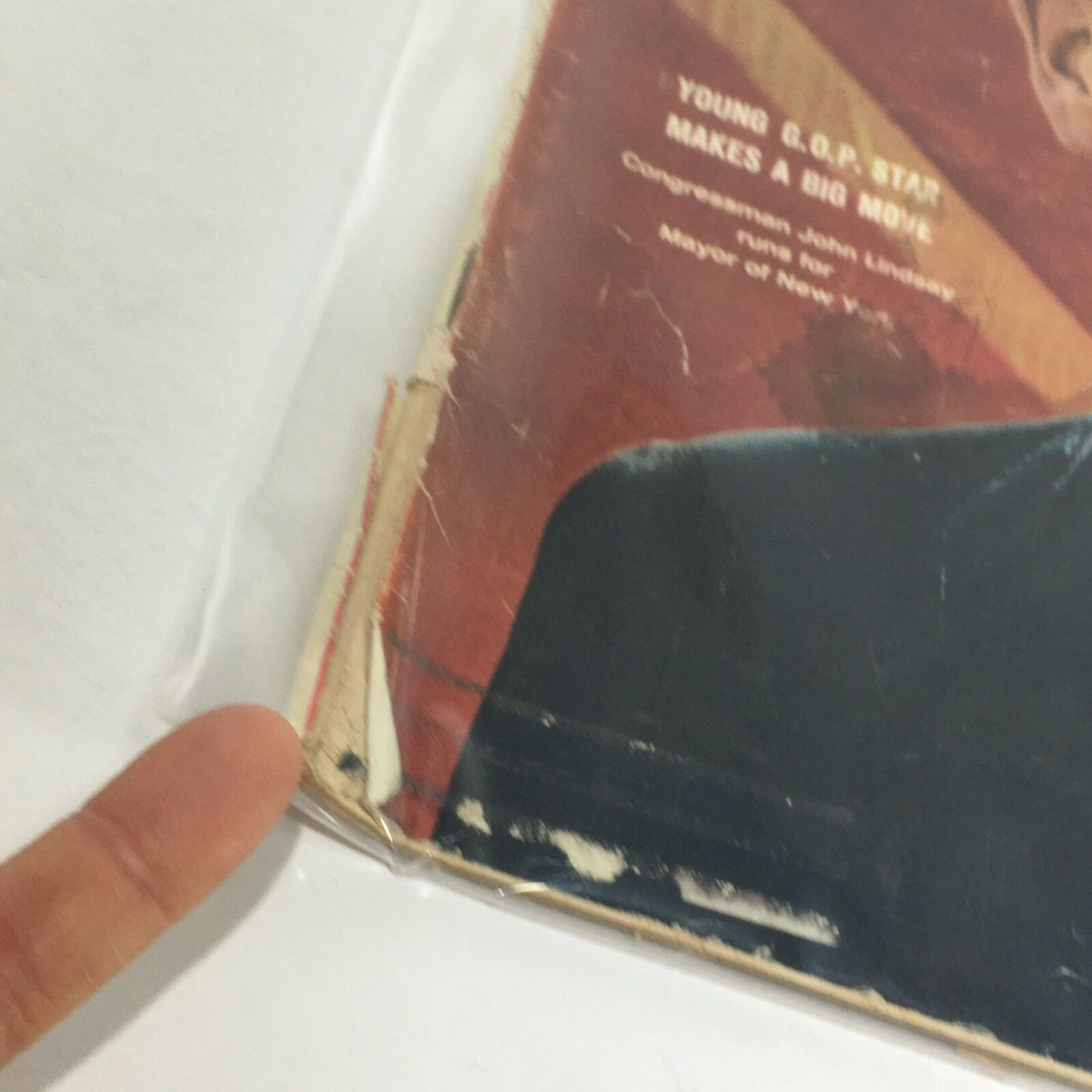 Close-up of the vintage Life Magazine cover from May 28, 1965 showing the edge wear and address label, featuring Congressman John Lindsay.