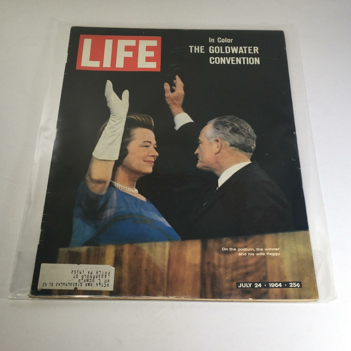 VTG Life Magazine from July 24, 1964 featuring the cover story 'On The Podium: The Winner and His Wife Peggy', showcasing a significant moment from the Goldwater Convention.