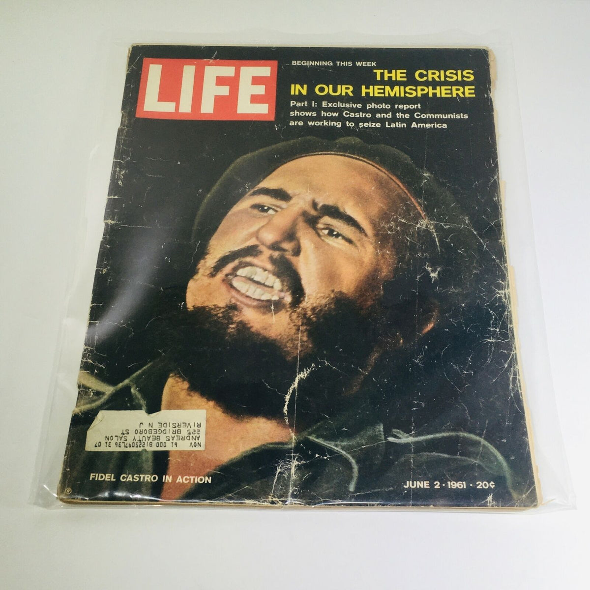 Cover of VTG Life Magazine dated June 2, 1961 featuring the title 'The Crisis in Our Hemisphere' and a photograph of Fidel Castro. The magazine shows signs of wear and includes an address label.