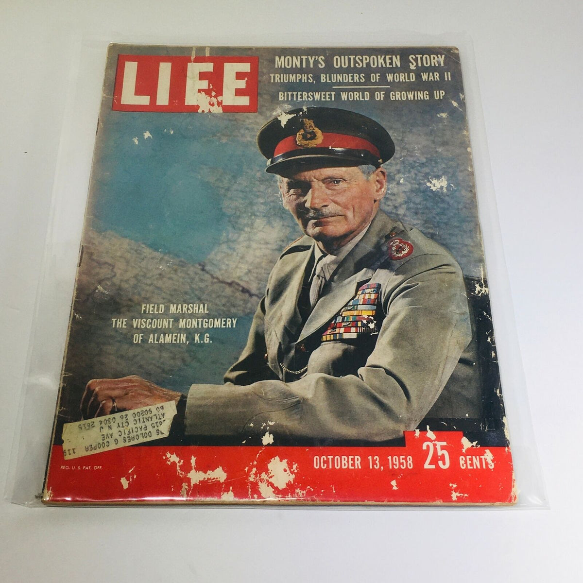 Cover of VTG Life Magazine: Oct 13 1958 featuring Field Marshal The Viscount Montgomery, highlighting 'Monty's Outspoken Story' with visible wear on the cover.