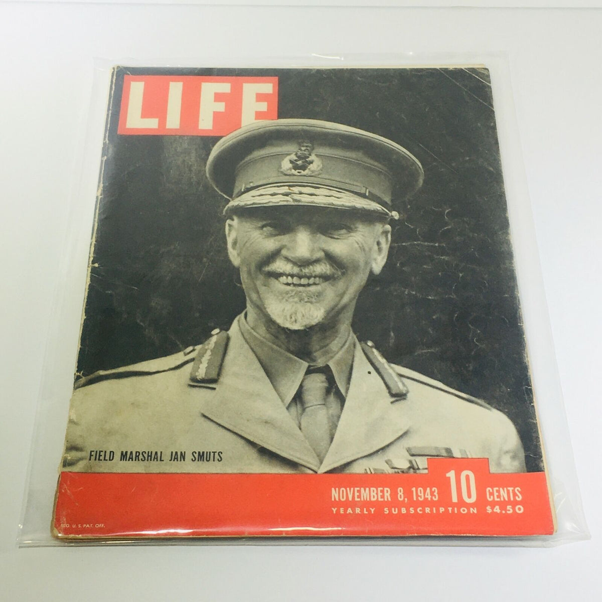VTG Life Magazine dated November 8, 1943, featuring Field Marshal Jan Smuts on the cover, showcasing vintage wartime history.
