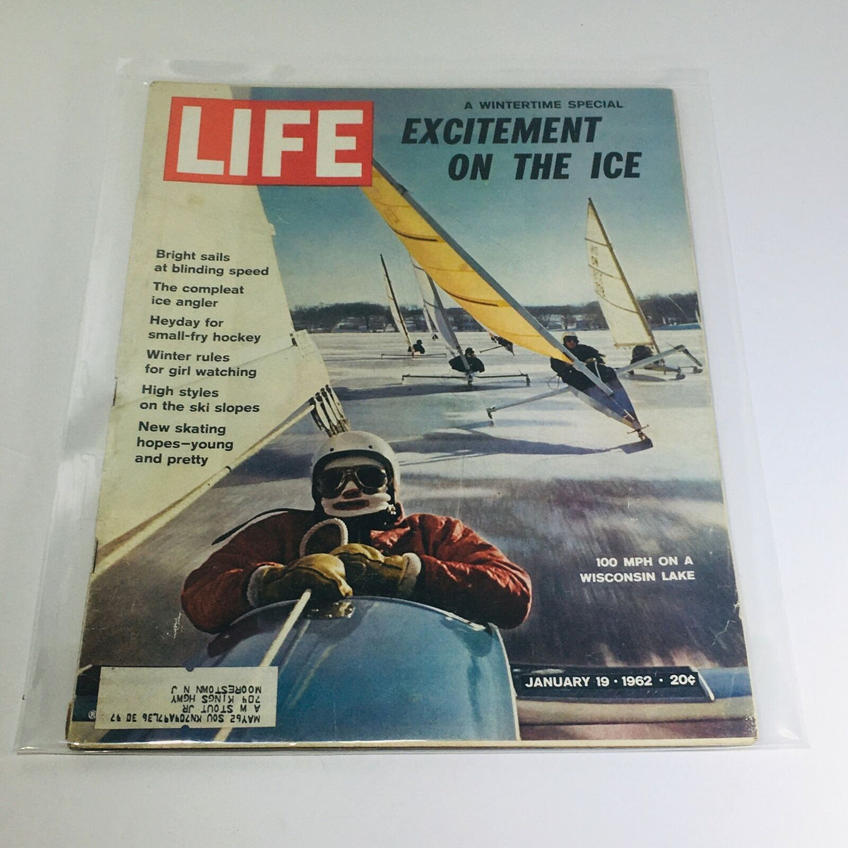 Cover of VTG Life Magazine: Jan 19 1962 featuring the headline 'Excitement on the Ice' showcasing a thrilling ice racing scene with colorful ice boats on a Wisconsin lake, highlighting a speed of 100 mph.