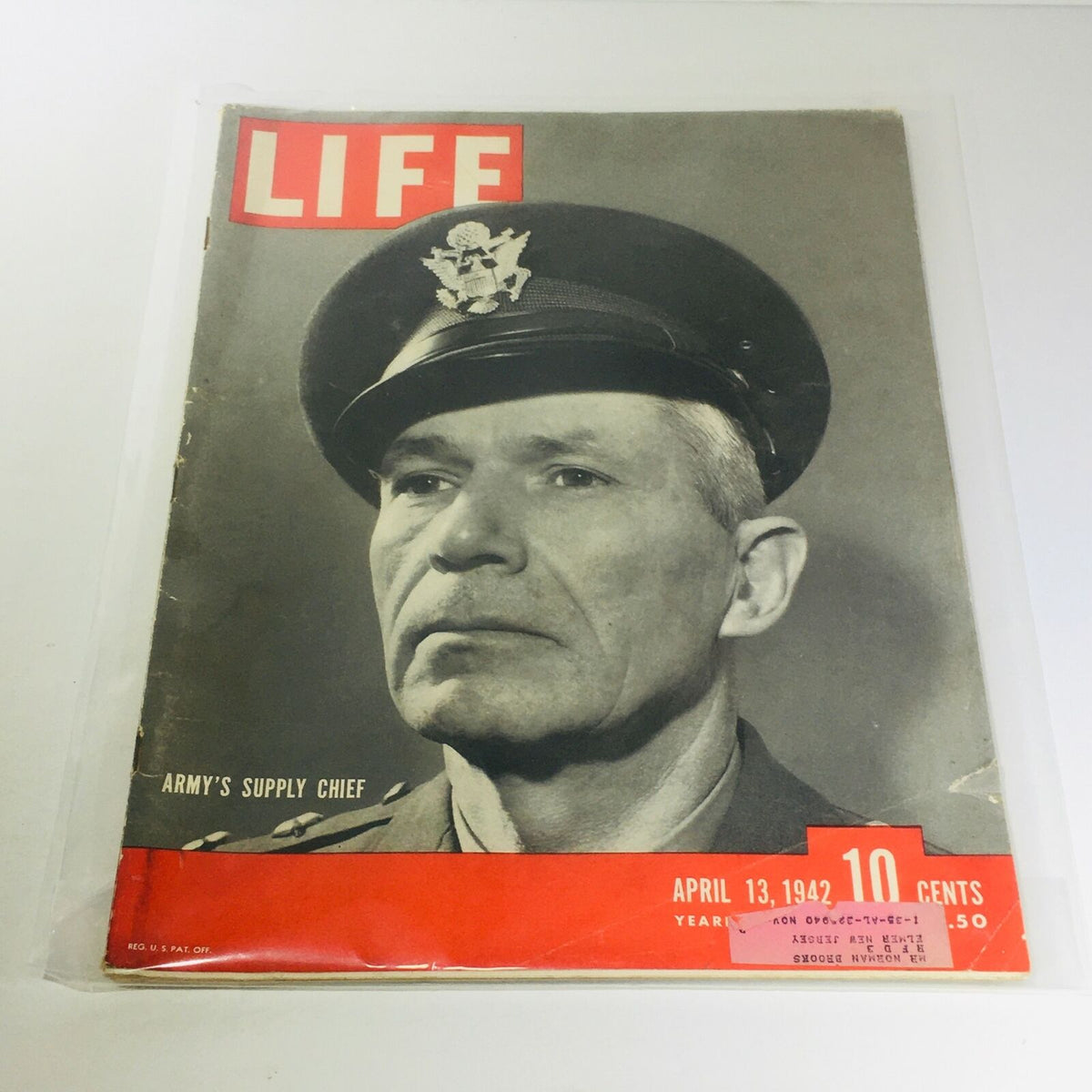 Vintage Life Magazine Cover from April 13, 1942 featuring the Army's Supply Chief, with a close-up of a military officer in uniform.