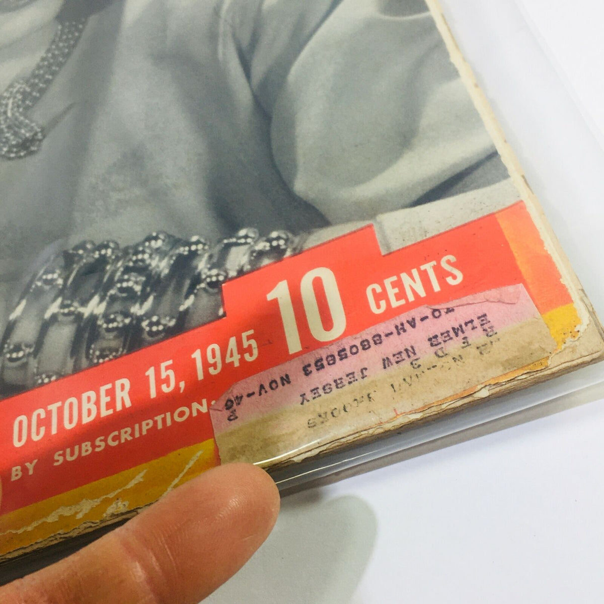 VTG Life Magazine from October 15, 1945, showcasing the cover with a visible address label and a price of 10 cents, highlighting fall jewelry trends.