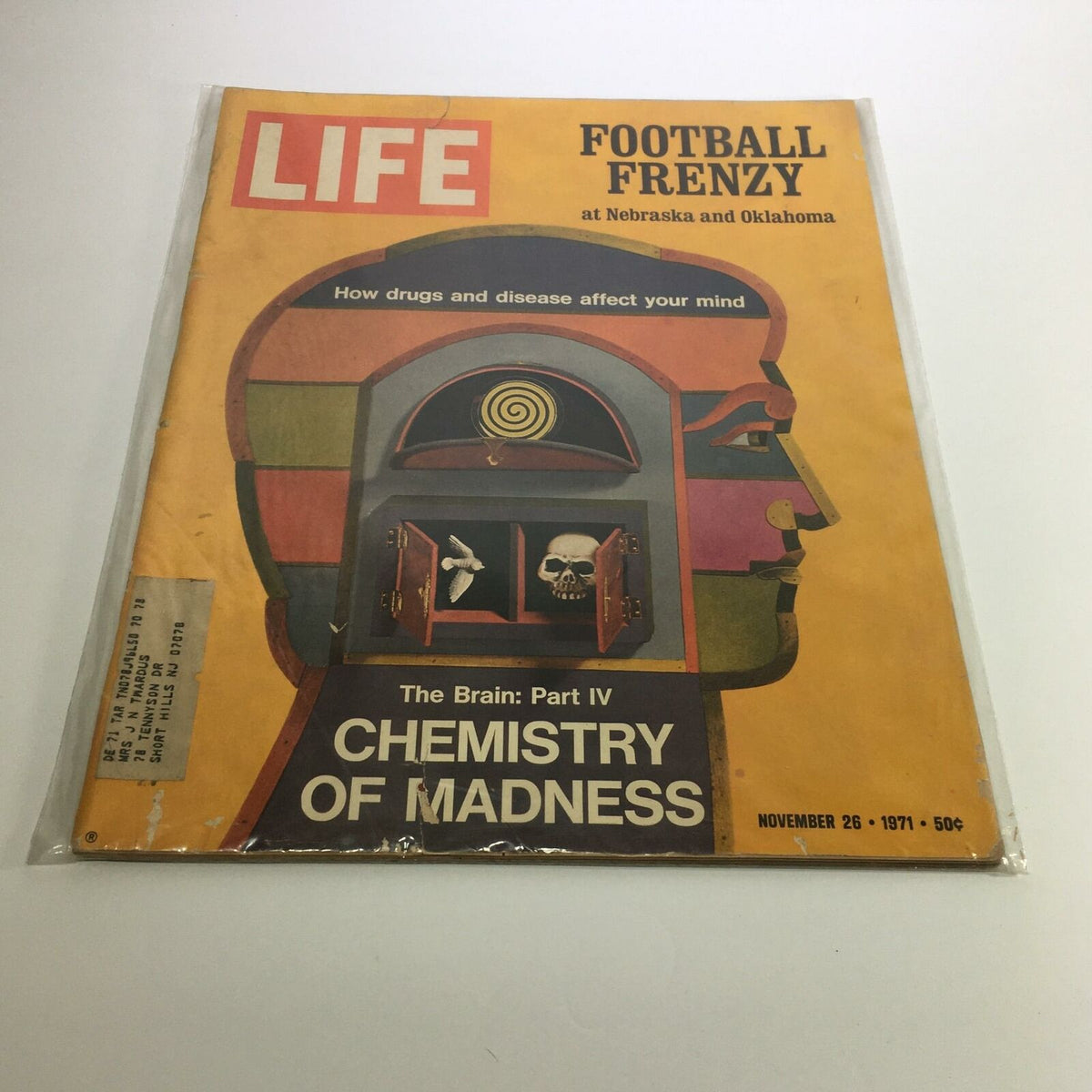 Life Magazine cover from November 26, 1971, titled 'The Brain: Part IV Chemistry of Madness', featuring a vivid illustration of a brain with colorful designs and text reading 'How drugs and disease affect your mind'. This edition explores the chemistry behind madness.