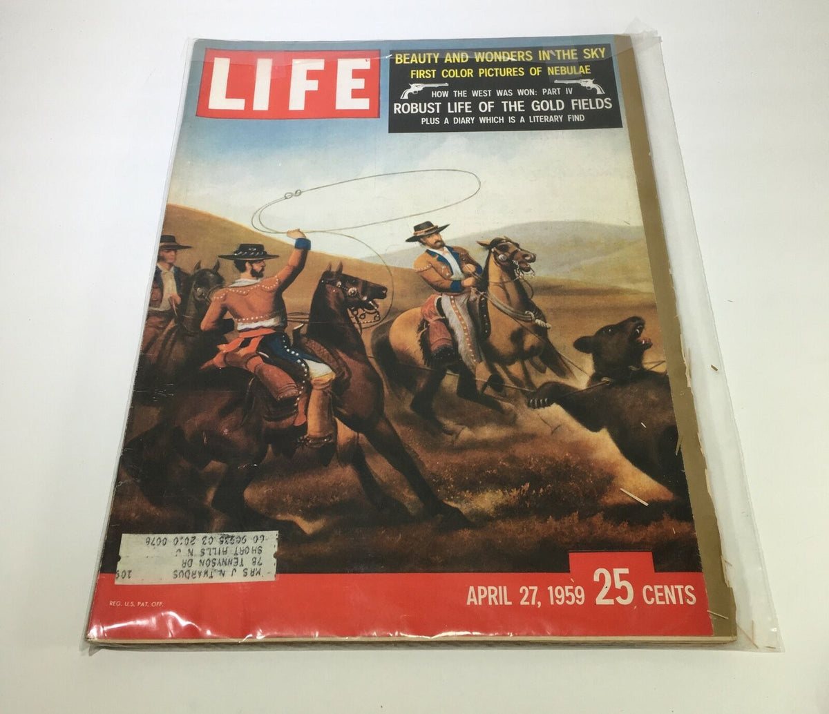 Cover of VTG Life Magazine from April 27, 1959, featuring the Robust Life of the Gold Fields Part IV, showcasing cowboys and a bear, highlighting historical themes from the gold rush era.