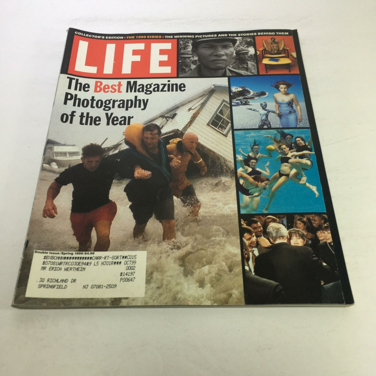 Cover of Life Magazine: Spring 1999 featuring The Best Magazine Photography of the Year, showcasing dramatic images including people in floodwaters, an artistic representation of aquatic sports, and notable personalities.