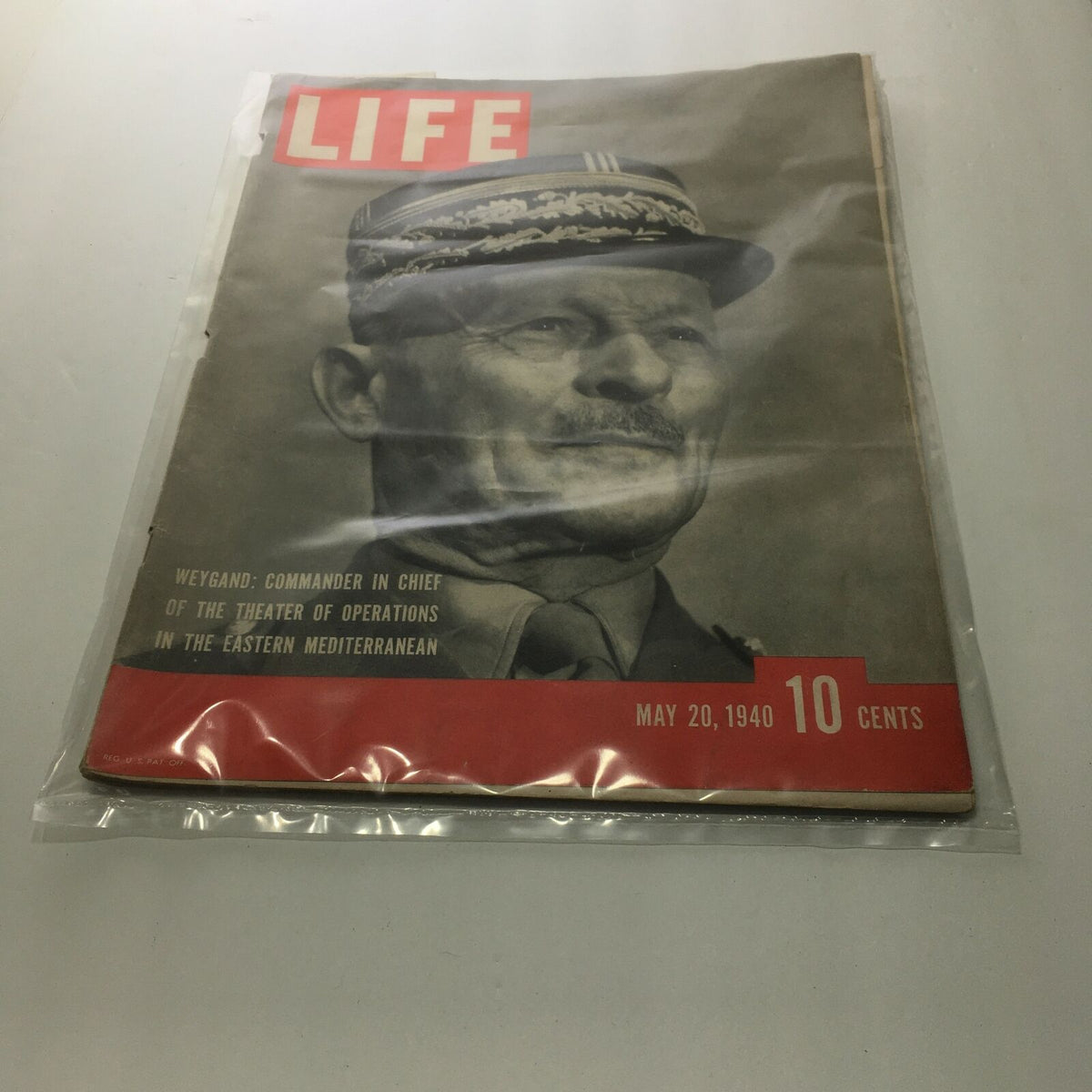 Life Magazine: May 20, 1940 featuring General Weygand on the cover, labeled 'Commander in Chief of the Theater of Operations in the Eastern Mediterranean'. This vintage magazine is a collectible piece of history.