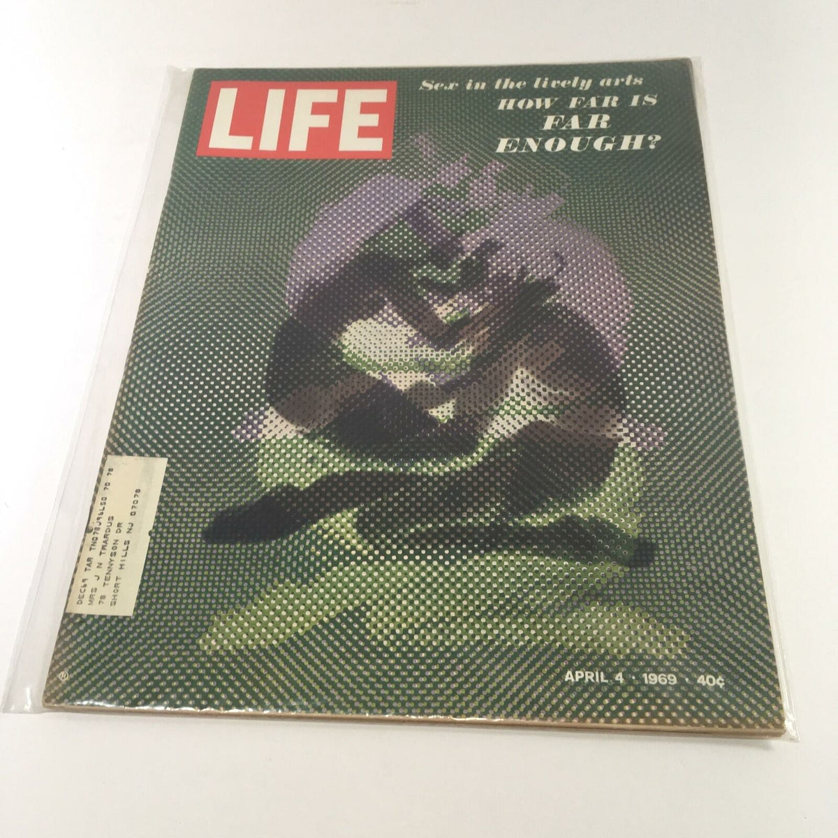 Cover of VTG Life Magazine from April 4, 1969, featuring the title 'Sex in the Lively Arts & How Far is Far Enough?' The cover showcases a unique artistic design that reflects the cultural themes of the 1960s.