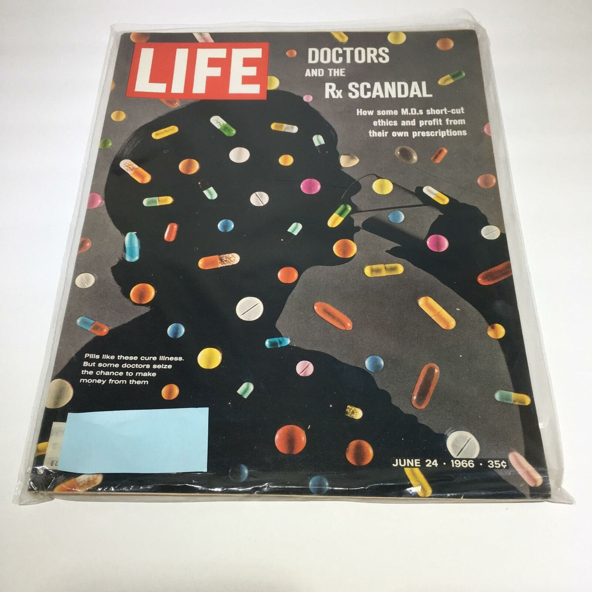 VTG Life Magazine June 24 1966 cover featuring an artistic collage of colorful prescription pills and the text 'Doctors and the Rx Scandal' highlighting the controversy surrounding pharmaceuticals.