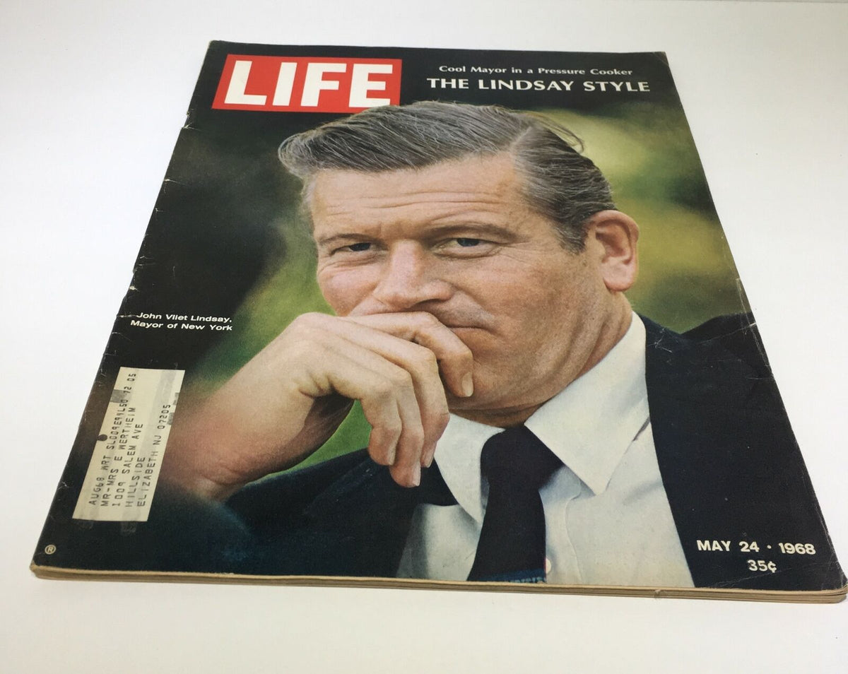 Cover of VTG Life Magazine from May 24, 1968 featuring John Vliet Lindsay, Mayor of New York, showcasing iconic image with a thoughtful expression.