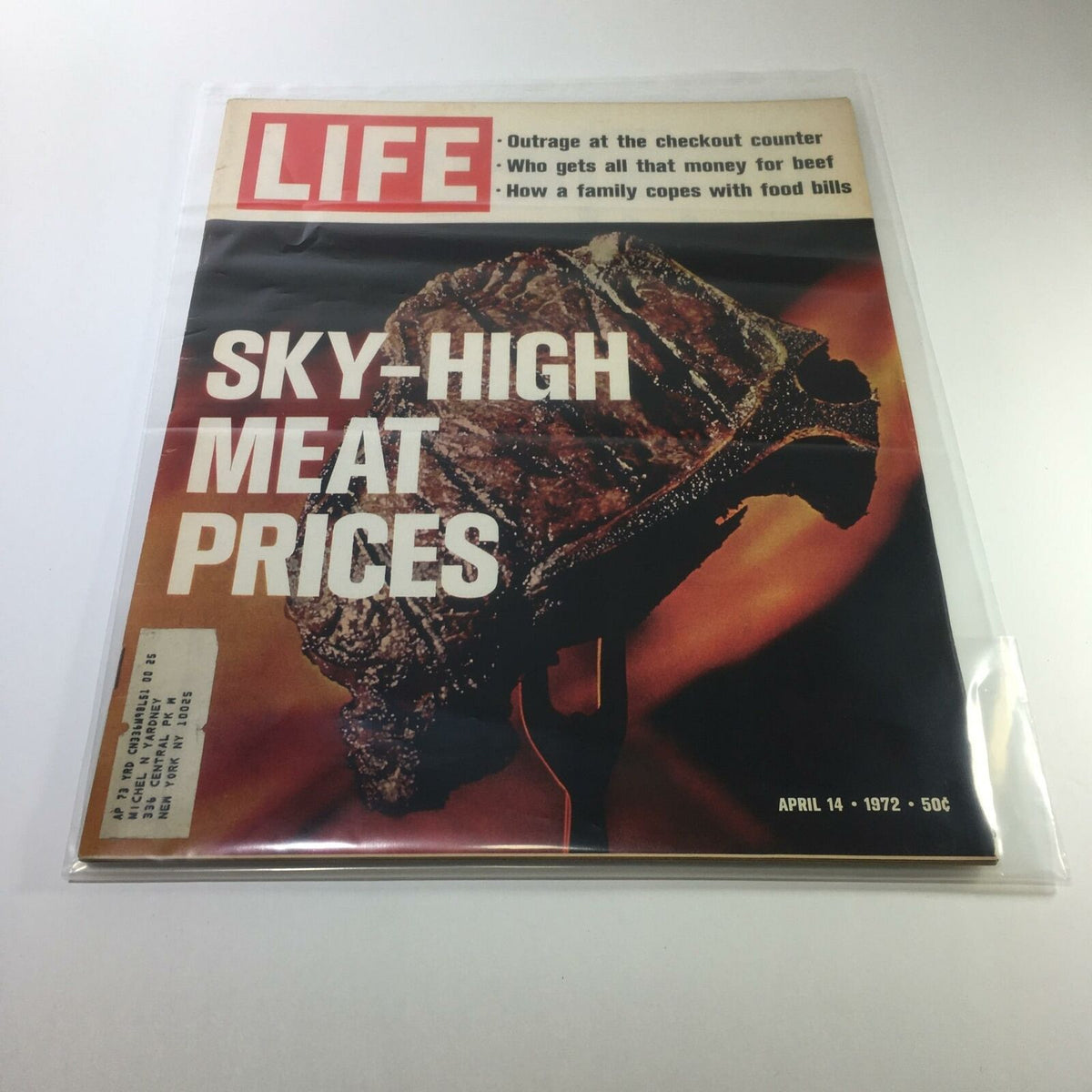 Cover of VTG Life Magazine from April 14, 1972, featuring the headline 'Sky-High Meat Prices', highlighting discussions on food costs along with a striking image of meat. This collectible issue captures economic concerns of the early 70s.