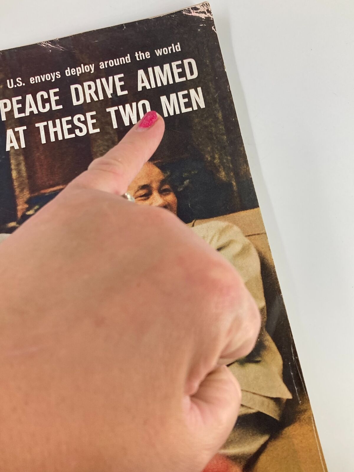 Close-up of the cover of VTG Life Magazine January 14 1966, pointing to the title about the peace drive involving President Ho Chi Minh and Pham Van Dong.