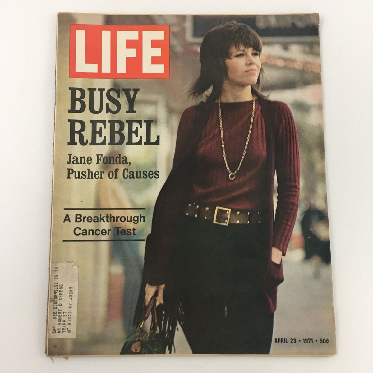 April 23, 1971 issue of Life Magazine featuring Jane Fonda as 'Busy Rebel.' The cover highlights a breakthrough cancer test along with the subtitle 'Jane Fonda, Pusher of Causes.' This vintage magazine captures the essence of 1970s culture.