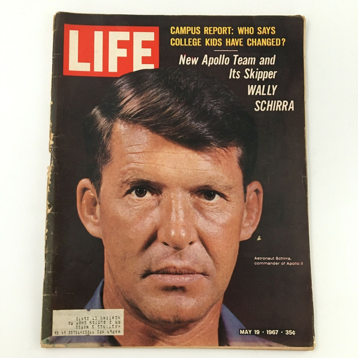 Vintage Life Magazine May 19 1967 featuring the New Apollo Team and Skipper Wally Schirra on the cover, showcasing a close-up of Wally Schirra, a prominent astronaut in the Apollo program.