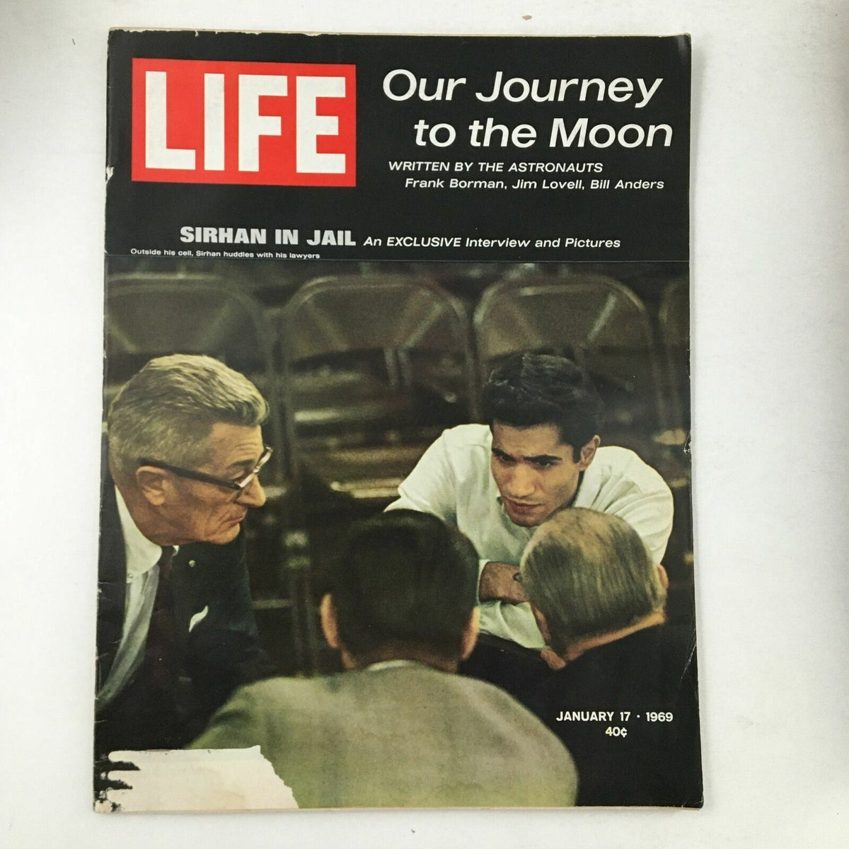 Cover of Life Magazine from January 17, 1969, featuring Sirhan Sirhan with his lawyers, titled 'Life Our Journey to the Moon' with an exclusive interview and pictures.