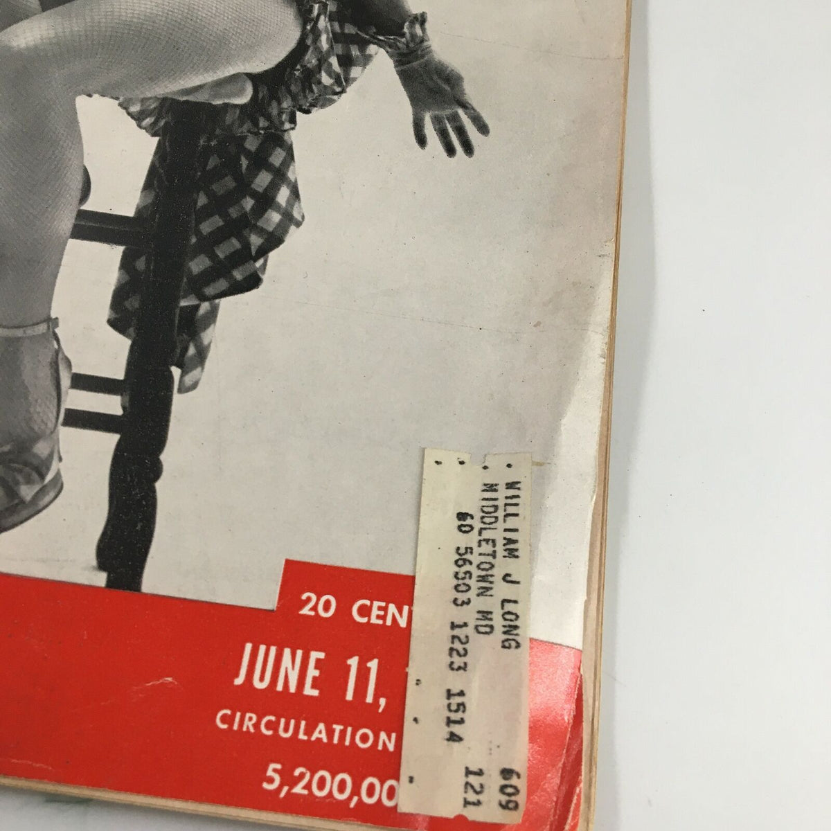 Close-up of the address label on the Vintage Life Magazine, June 11, 1951, with Vivian Blaine in a farm girl costume.