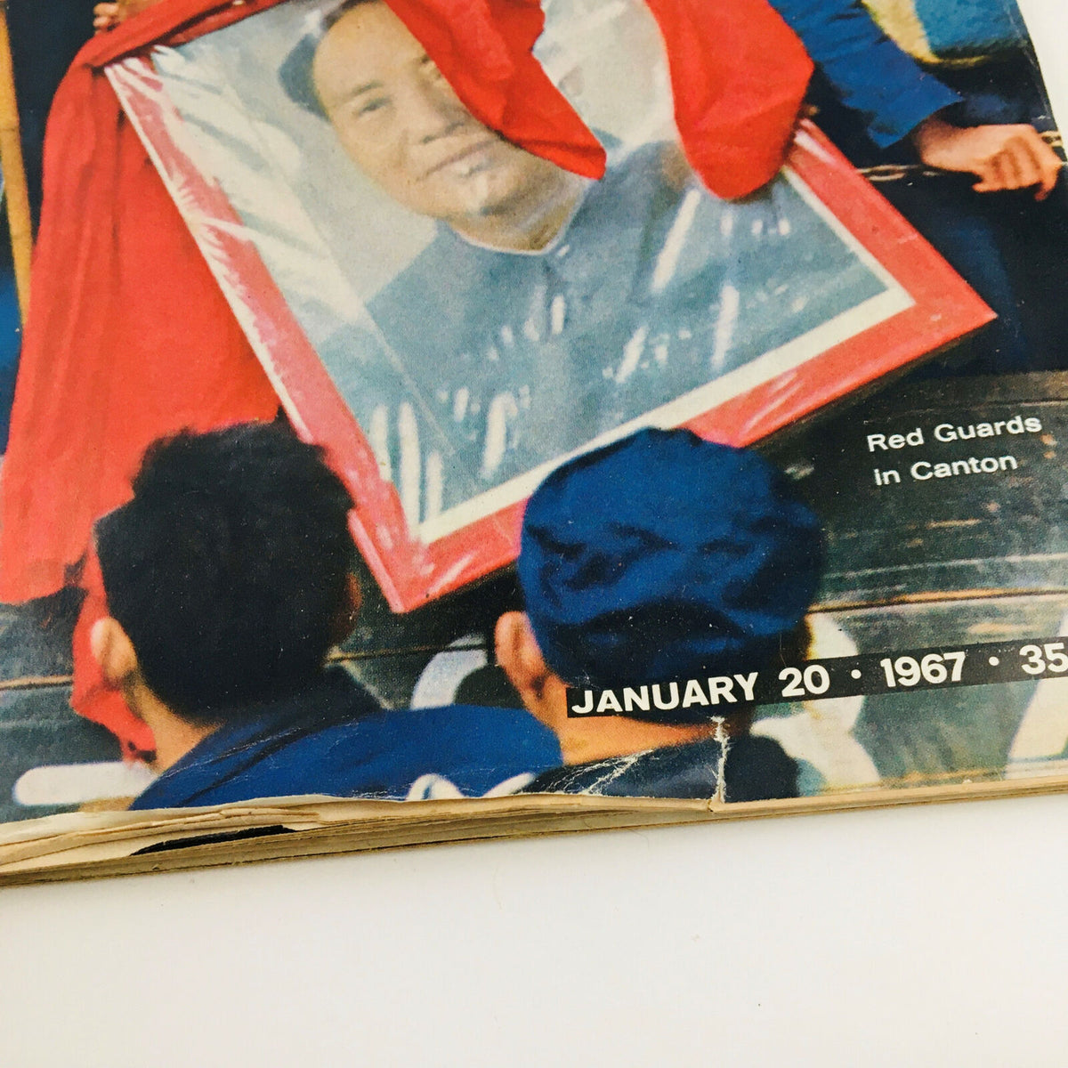 Close-up of VTG Life Magazine January 20, 1967, focusing on the image of Mao Zedong held by Red Guards during the China Crisis, with publication details visible.