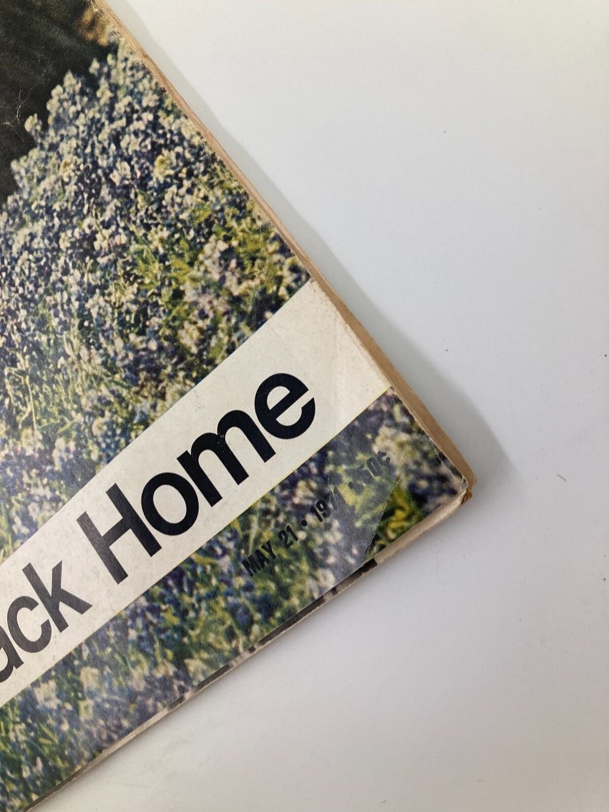 Corner detail of the VTG Life Magazine cover from May 21, 1971, highlighting the title 'L.B.J. Back Home' and displaying wear characteristic of vintage publications.