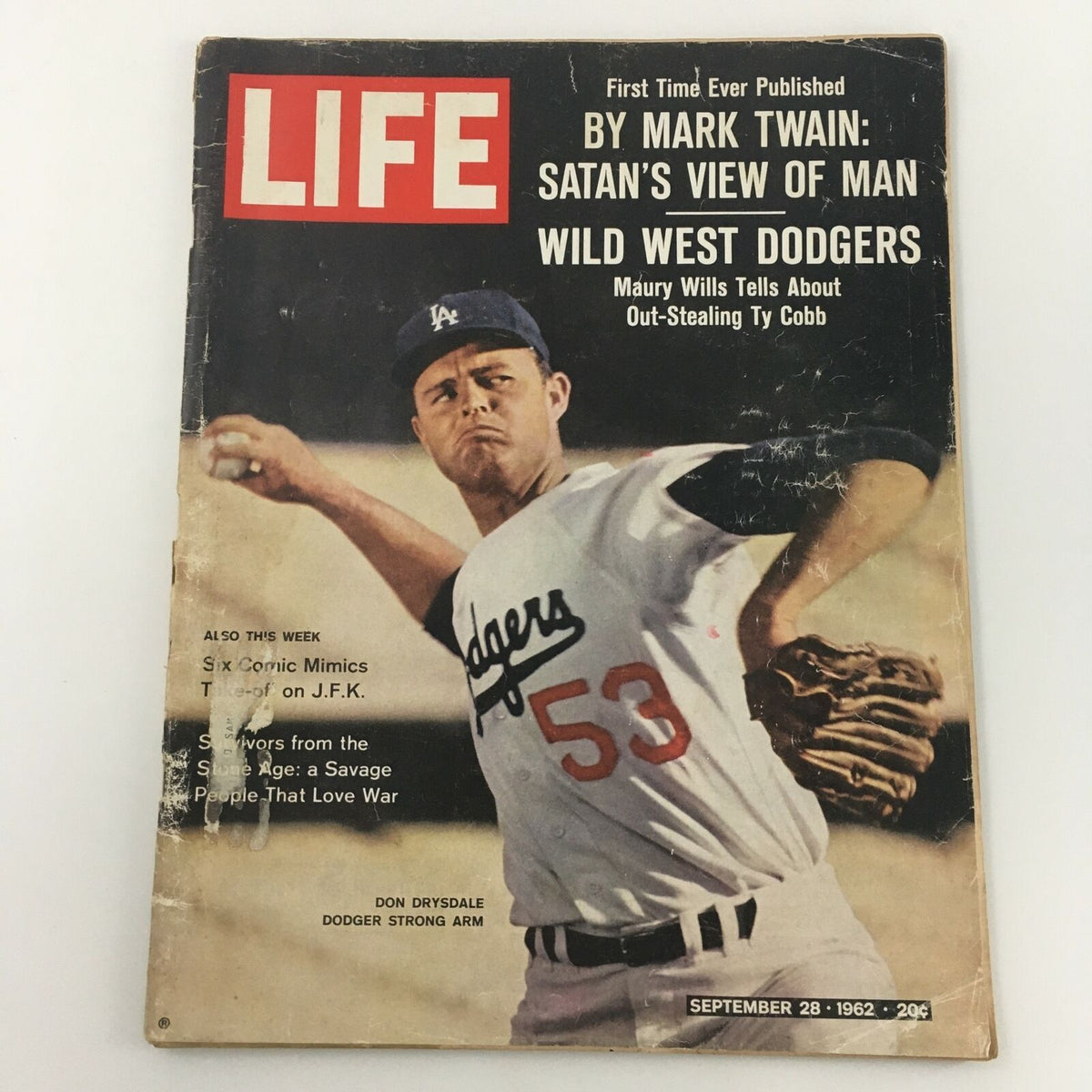 Cover of VTG Life Magazine from September 28, 1962 featuring Don Drysdale, showcasing the Dodgers player in action, highlighting his strong arm and iconic status in baseball.