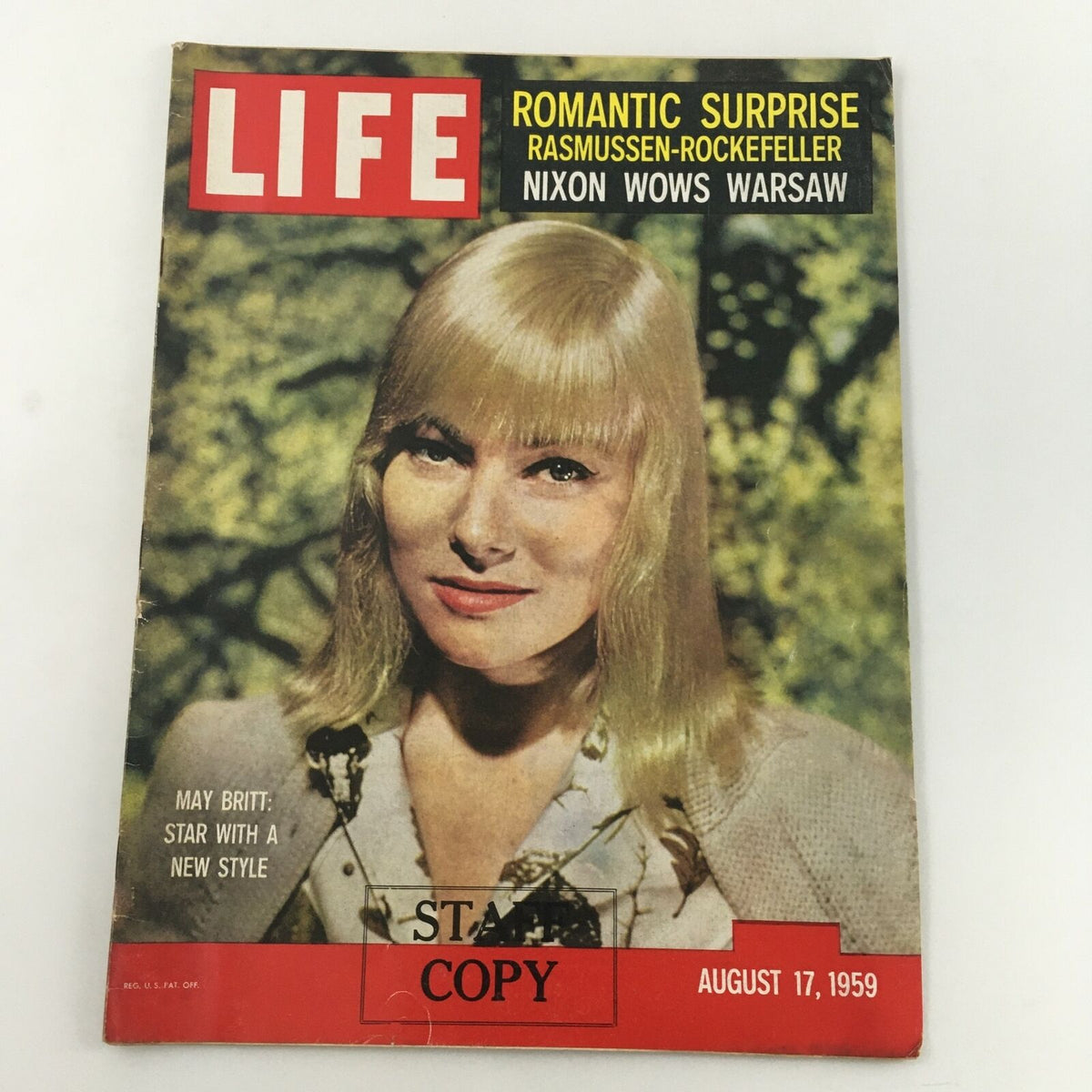 Cover of VTG Life Magazine dated August 17, 1959, featuring May Britt with the caption 'May Britt: Star with a New Style' and a 'STAFF COPY' stamp.