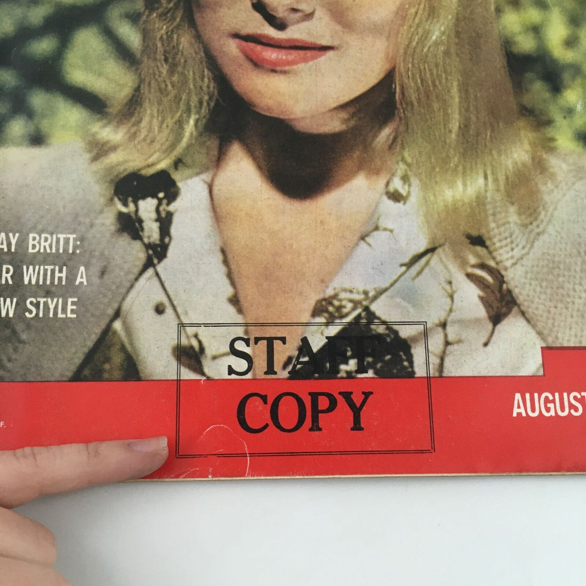 Close-up of the cover of VTG Life Magazine from August 17, 1959, highlighting May Britt's image and the 'STAFF COPY' stamp.