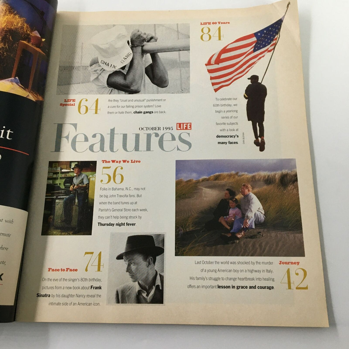Inside page of Life Magazine October 1995 featuring articles including a piece on Frank Sinatra's 80th birthday and cultural reflections.