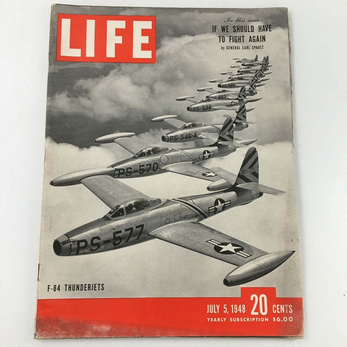 VTG Life Magazine July 5 1948 featuring F-84 Thunderjets on the cover, highlighting military aviation history and General Carl Spaatz.