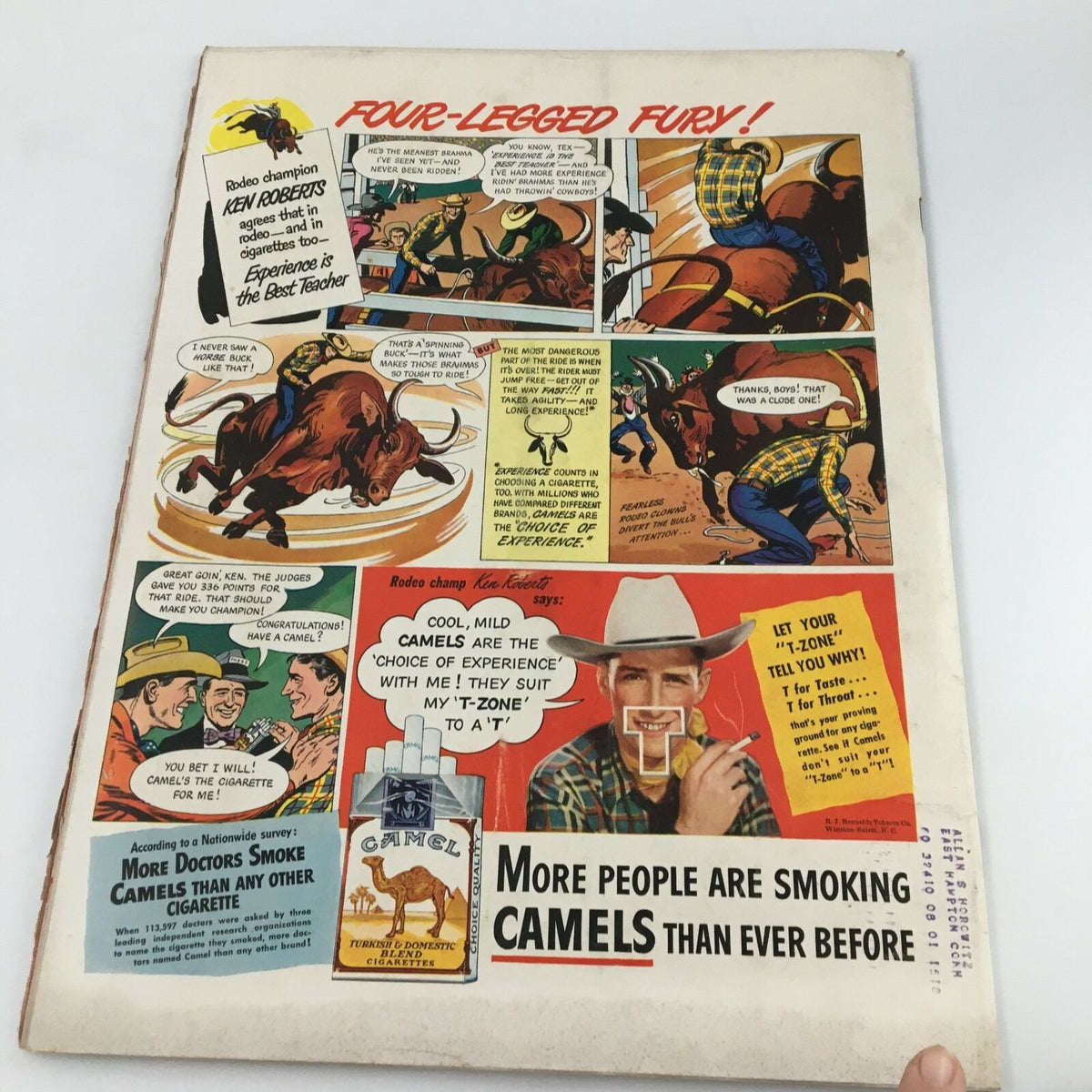 Back cover of VTG Life Magazine July 5 1948, featuring a comic section titled 'Four-Legged Fury!' with rodeo themes and a cigarette advertisement.