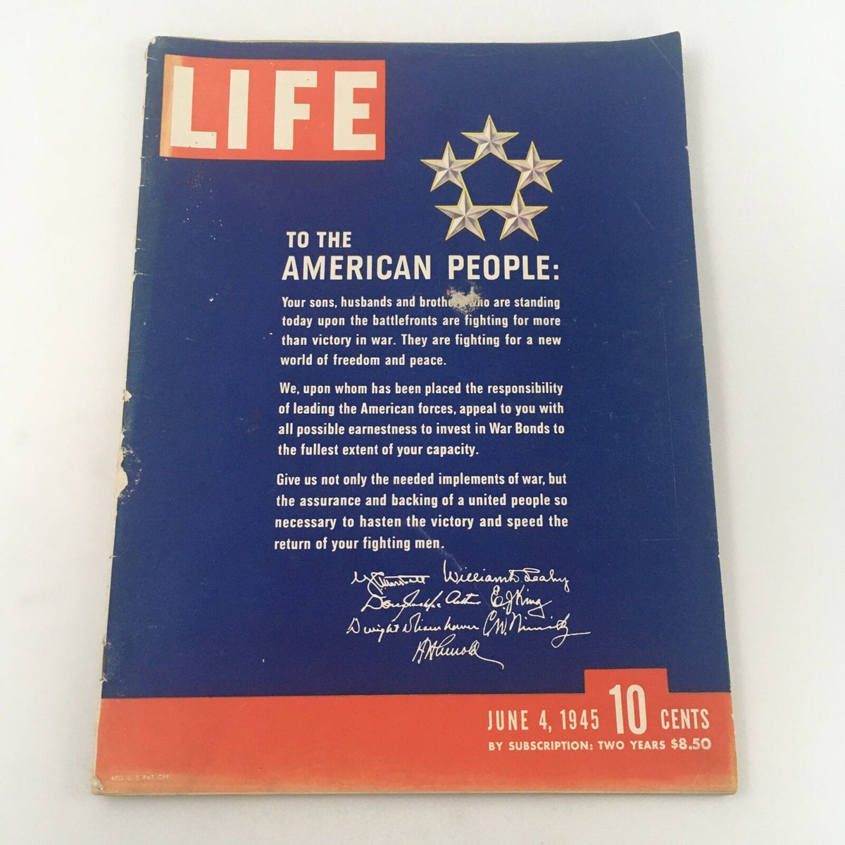 Cover of the VTG Life Magazine from June 4, 1945, featuring a heartfelt letter to the American people about War Bonds, with a blue background, red 'LIFE' logo, and signature of military leaders.