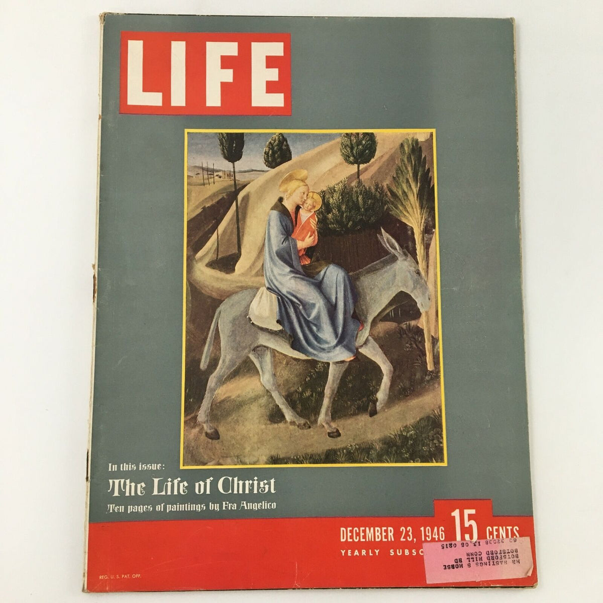 Front cover of VTG Life Magazine December 23 1946 featuring 'The Life of Christ' painting by Fra Angelico, depicting the Virgin Mary and Child on a donkey, showcasing the artistic style and historical significance of the magazine.