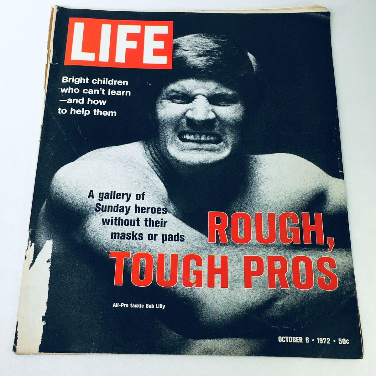 VTG Life Magazine October 6 1972 featuring Bob Lilly on the cover with the headline 'Bright children who can't learn—and how to help them', depicting an intense sports theme and discussion of societal issues.