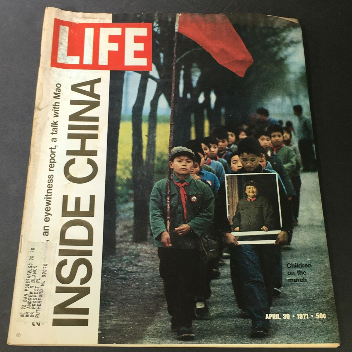 VTG Life Magazine April 30 1971 cover featuring children marching in China with a red flag and a picture of Mao. The title reads 'LIFE INSIDE CHINA'.