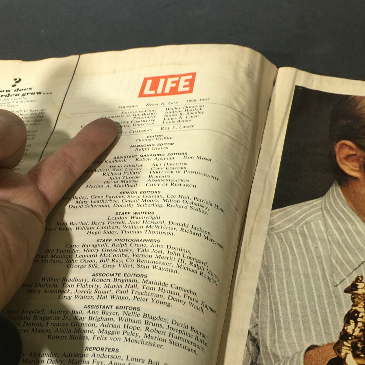 Table of contents page from VTG Life Magazine April 30 1971, displaying the magazine’s title and editor details.